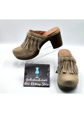 Dansko Women's Beige Suede Leather Deni Fringe Mules Clogs Size 6.5 (37) 2976